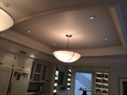 Kitchen & coffered ceiling with beams and crown